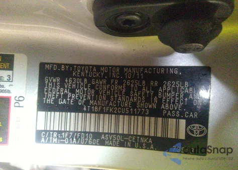 2012 Toyota Camry Le z USA, uszkodzony, nr VIN 4T1BF1FK2CU511773